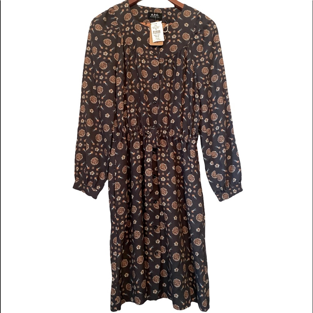 A.P.C Robe Riviera Brown and Gray Design Long Sleeve Dress